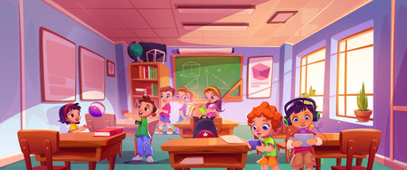 Cartoon children playing with ball and gadgets, talking and walking during lesson break in school classroom interior with tables and seats, math pictures on green chalkboard and cabinet with books.のイラスト素材