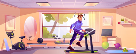 Man in fitness gym. Room interior with sport equipment for exercise and workout. Health studio design with dumbbell, treadmill, mat and bench. Training furniture in wellness center with sunlightのイラスト素材