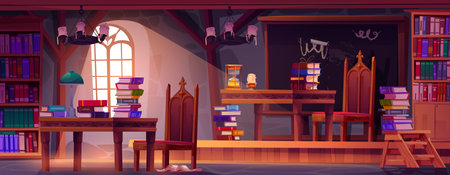 Magic school classroom with old books. Vector cartoon illustration of medieval university room with ancient wooden tables and chairs, blackboard, literature on shelves, candles, daylight in windowのイラスト素材