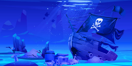 Sunken pirate ship with broken wooden deck lying underwater on sea floor near treasure. Damaged old boat after shipwreck, golden coins and jewelry in piles deep under ocean water on sand bottom.のイラスト素材