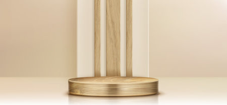 3d wood podium background. Product display stage. Minimal beige studio with wooden platform on floor. Abstract luxury showcase room interior with brown pedestal and geometric backdrop decorationのイラスト素材