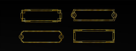 Game ui long button with thin gold frame. Rectangular medieval border with golden metal ornament for title and menu design. 3d vector set of luxury vintage text sign board with art deco elements.のイラスト素材