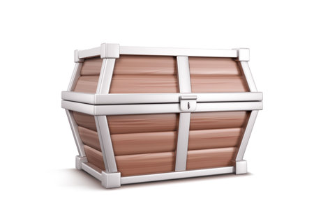 3d treasure chest. Wood realistic pirate box icon. Closed ancient magic coffer. Lock lid on mystery object. Vintage metal and wooden trove concept. Large safe toolbox for fantasy adventure gameのイラスト素材