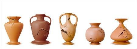 Broken ancient clay vessel. Old traditional greek earthenware. Realistic 3d vector set of antique ceramic pottery. archeology porcelain utensil - jug, pitcher and vases with cracks and holes.のイラスト素材