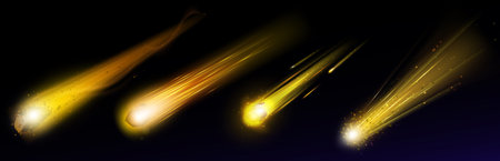 Comet or asteroid fire light trail in space vector. Meteorite fall with flame speed. 3d realistic...