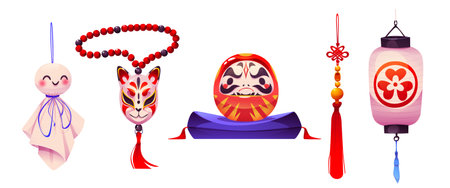 Traditional Japanese culture cartoon elements - daruma doll face mask on pillow, hanging paper lantern with ornate, mizuhiki pendant charm, teru teru bozu handmade doll and fox mask on beads necklaceのイラスト素材
