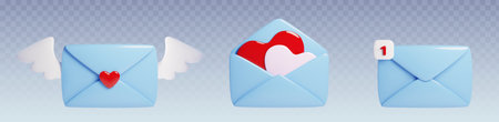 3d blue love mail letter with heart vector icon. Valentine day gift message in open envelope for mother. Realistic graphic note element for wedding with wings. Marketing secret with cute emailのイラスト素材