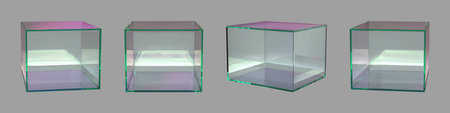 Transparent glass cube product podium in different angles of view. Realistic 3d vector set of crystal or plexiglass square stand for display display and presentation. Geometric showcase mockup.のイラスト素材