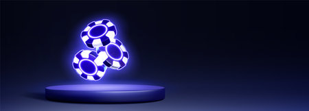 Neon poker chips on round platform background. Vector realistic illustration of blue and white 3D tokens for playing casino games, online betting platform presentation, gambling website design elementのイラスト素材