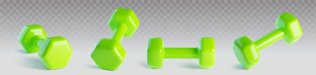 Green dumbbell for gym exercise in different angles on transparent background. Realistic 3d vector set of flying sport weight equipment for fitness and yoga training, healthy and active lifestyle.のイラスト素材