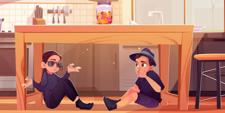 Kid detective sitting under wood kitchen table. Boy spy agent in suit and girl in sunglasses talking about investigation and security. Communication on floor between children concept illustrationのイラスト素材
