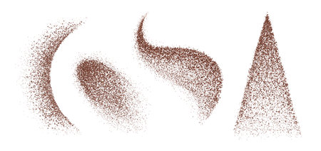 Coffee powder particle. Chocolate dust splash. Cocoa sand or brown sugar grain isolated 3d texture. Granule explosion noise design. Realistic cinnamon particles burst motion. Scatter spray swirlのイラスト素材