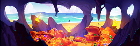 Pirate treasure cave on sea island. Vector cartoon illustration of mountain grotto with piles of golden coins, gemstones, diamond crystals, vases, torch fire, seascape view, adventure game backgroundのイラスト素材