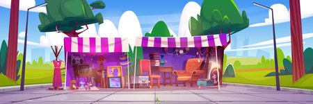 Flea market stall in city park. Vector cartoon illustration of garage sale tent with vintage goods, retro tv, player, lamps, toys, books, second hand furniture, suitcases and pictures, cityscape viewのイラスト素材