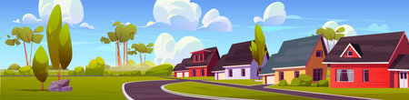 Suburban town street. Vector cartoon illustration of cozy rural neighborhood with houses and garages along lane, green trees and grass, clouds in sunny blue sky, modern residential area on summer dayのイラスト素材