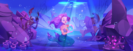 Mermaid sitting on sea bottom. Vector cartoon illustration of underwater world, beautiful female creature with fish tail and pink hair holding bubble in hand, sunlight, stones and seaweeds under waterのイラスト素材