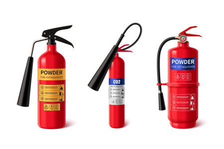 Realistic red fire extinguisher with sprayer and labels for instructions about providing emergency assistance in extinguishing flame. 3d vector set of different firefighter portable equipment mockup.のイラスト素材
