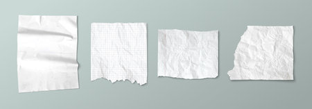 Torn notebook paper with wrinkles. Crumpled white sheet with checkered pattern. Realistic 3d vector illustration set of wrinkled blank scrapbook and collage design material. Memo note mockup.のイラスト素材