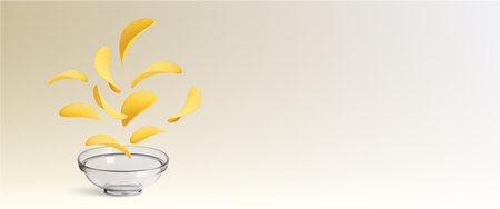 Potato chips falling in glass bowl isolated on beige background. Vector realistic illustration of fast food snacks flying in air, splash of crispy fried vegetable meal, spicy and salty appetizer menuのイラスト素材