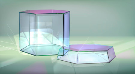 Glass transparent hexagon podium in studio room with floor and wall. Realistic 3d vector platform for product presentation and advertising. Minimal scene with plexiglass crystal showcase stand.のイラスト素材