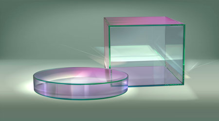 3d glass box podium. Crystal cylinder display stand with background. Cube pedestal and circle plexiglass stage mockup scene. Showcase for presentation design with prism and light reflection effectのイラスト素材