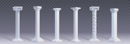 Ancient white marble roman column of different shapes and ornament for Greek architecture building design. 3d vector set of temple and castle pillar elements for facade or porch colonnade decorationのイラスト素材