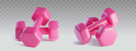 Pink dumbbells set isolated on transparent background. Vector realistic illustration of gym weight equipment for fitness workout, arm muscles sports routine, bodybuilding training, hand exerciseのイラスト素材