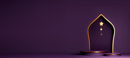Round podium on Arabic style background. Vector realistic illustration of product presentation platform on luxury Islamic purple backdrop with golden arch and stars, natural beauty cosmetics stageのイラスト素材