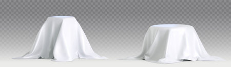 Podium covered with white silk cloth set isolated on transparent background. Vector realistic illustration of surprise box, secret gift package hidden under satin fabric, product presentation pedestalのイラスト素材