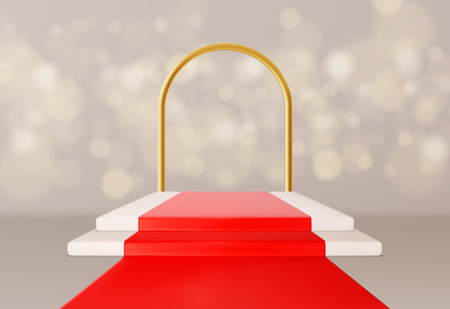 Red carpet podium background. Winner stage vector. 3d platform for product or award display. Vip exhibition showcase. Best cinema presentation with gold arch and stairs for advertising illustrationのイラスト素材