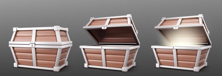 Closed and open wooden chest box with metal frame. Empty and with magic light coffer with wood texture. Realistic 3d vector illustration set of mystery ancient case glow from inside. Vintage crate.のイラスト素材