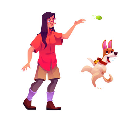 Woman pet owner play with her dog and throw ball. Happy funny cute puppy jump. Cartoon vector illustration of female person with domestic animal activity. Girl and doggy friends spending time togetherのイラスト素材