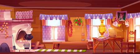 Old traditional russian kitchen interior with stone stove with fire and food in pot, crepes with butter and tea in samovar on wooden table, wood bench and rug on floor, windows with curtains.のイラスト素材