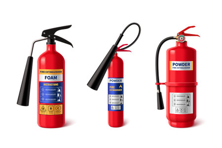 3d realistic fire extinguisher isolated vector icon. Powder and foam extinguish security type classifications set. Chemical fighter equipment. Emergency container tool for rescue with buttonのイラスト素材