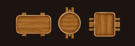 Sign board with brown wood texture. Realistic 3d vector illustration set of wooden rectangle, circle and square frame. Rustic signboard plank for title and text box. Timber billboard plaque.のイラスト素材