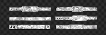Holographic festival or concert bracelet ticket mockup. Realistic 3d vector illustration set of tyvek or plastic hologram hand wristband template for event entrance identification and admission.のイラスト素材