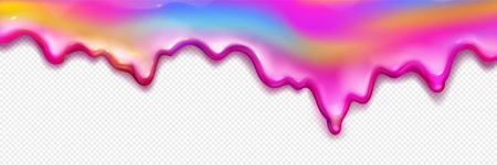 Rainbow slime splash isolated on transparent background. Vector realistic illustration of color gradient liquid substance dripping down surface, abstract colorful glitter, iridescent fluid borderのイラスト素材