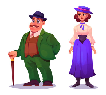 Young people in Victorian fashion clothing. Gentleman in costume and hat with walking stick and lady in long dress 19th century style. Man and woman wearing elegant vintage renaissance clothes.のイラスト素材