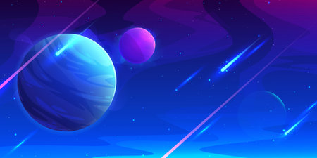 Blue outer space background with alien planets and falling asteroid with neon glow trail. Cartoon vector fantasy cosmos landscape with celestial bodies. Abstract futuristic astronomy banner.のイラスト素材