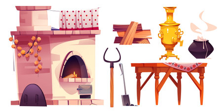 Old russian kitchen inside interior. Farm house for village. Wooden table, cooking porridge in pot, samovar and log for poor rural living room illustration. Traditional country home with stoveのイラスト素材