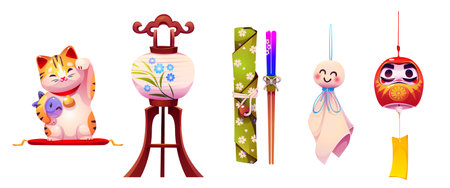 Lucky chinese cat and cute red daruma doll. China luck carp for festival celebration. Asian fortune symbol with ornament hanging on rope. kitten paw. Japanese stick and kitty graphic designのイラスト素材