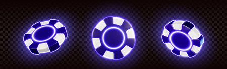 Flying casino chips with blue neon light glow effect on dark transparent background. Realistic 3d vector illustration set of gambling token with sparkle in different angles for betting winner design.のイラスト素材