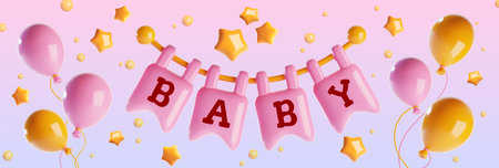 Pink girl baby shower banner with 3d cartoon balloons and party flags, flying stars on pastel background. Realistic vector illustration of cute kid birthday greeting and invite backdrop template.のイラスト素材