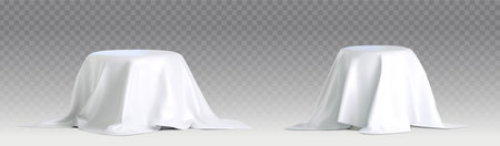 Podium covered with white silk cloth set isolated on transparent background. Vector realistic illustration of surprise box, secret gift package hidden under satin fabric, product presentation pedestalのイラスト素材