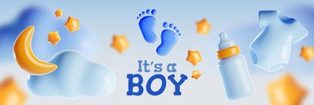 Blue boy baby shower banner with cute inflatable 3d cartoon flying stars and moon crescent, child bottle and clothes on pastel background. Realistic vector illustration of kid birth day backdrop.のイラスト素材