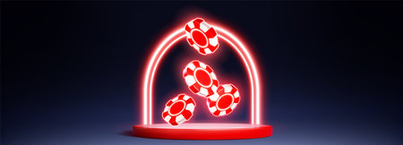 Cylinder product podium with red neon light glowing flying casino chips and arch line on dark background. Realistic 3d vector illustration of gambling platform with token for betting winner design.のイラスト素材