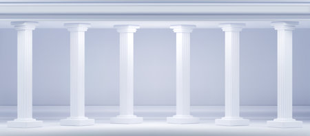 Facade or porch colonnade with white marble roman column. Realistic 3d vector illustration of Greek temple and castle pillar element. Ancient classic balustrade architectural sculpture decoration.のイラスト素材
