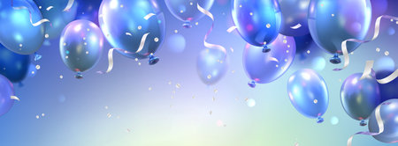 Blue birthday or anniversary horizontal banner with flying helium balloons and confetti ribbons. Realistic 3d vector illustration of holiday surprise celebration and congratulation template.のイラスト素材