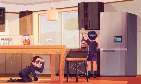 Kid detective spy in kitchen room for secret. Child agent open cupboard at home. Girl in sunglasses under table investigate or search something concept illustration. Sunlight from window in apartmentのイラスト素材