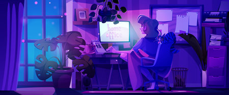 Woman working home late at night. Vector cartoon illustration of young female freelancer or student using desktop computer in dark room, cute cat on armchair, paper notes on wall, coffee cup on tableのイラスト素材